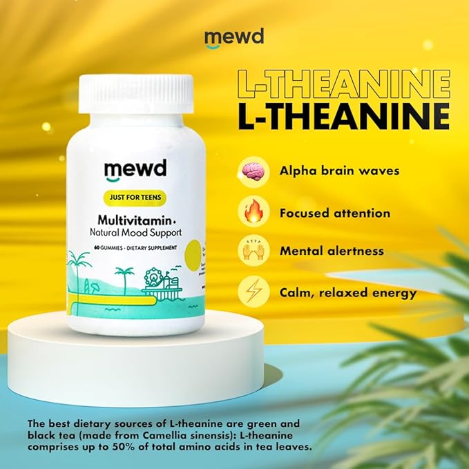 MEWD Teen and Kids Mood Support Multivitamin Gummies - Natural Focus & Calm with L-Theanine, Vitamins A, C, D3, B6, B9 & B12, Plus Zinc & Iron - Vegan Immune Booster, Gluten-Free Brain Health