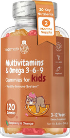 maxmedix Kids Multivitamin Gummies with Omega 3 6 9 | 20 Key Vitamins C, A, D, E, B12 & Zinc - Daily Multivitamin for kids Healthy Immune System, Raspberry & Orange Flavors, 2-Month Supply (120 Count)