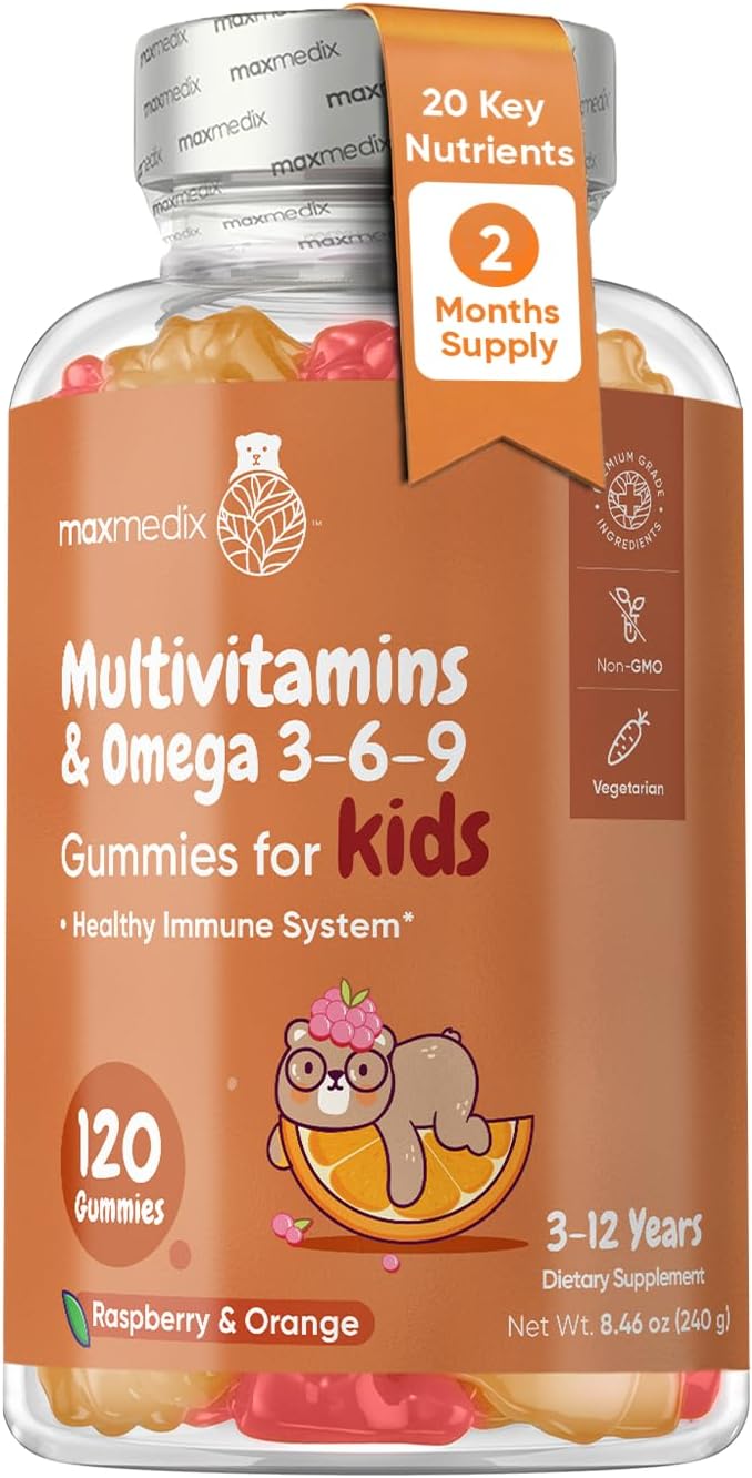 maxmedix Kids Multivitamin Gummies with Omega 3 6 9 | 20 Key Vitamins C, A, D, E, B12 & Zinc - Daily Multivitamin for kids Healthy Immune System, Raspberry & Orange Flavors, 2-Month Supply (120 Count)