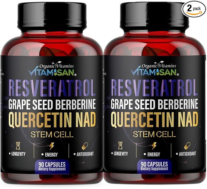 VITAMISAN Resveratrol NAD+ Quercetin Berberine & Grape Seed – Antioxidant Energy Formula – 2 Bottles (180 Capsules) Stem Cell Suplement NMN Nicotinamide Riboside – Made in USA