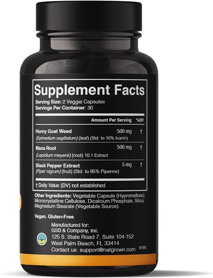 Natgrown Horny Goat Weed and Maca Root Extract Supplement for Men & Women (Epimedium Extract, Hornygoatweed) Vegan Capsules - 60 Ct