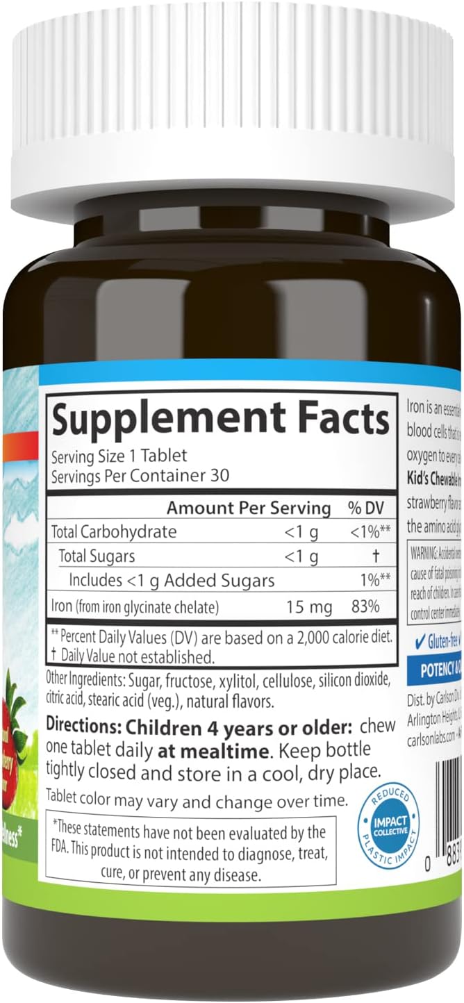 Carlson - Kid's Chewable Iron, 15 mg, Superior Absorption, Blood Health, Energy Production & Optimal Wellness, Natural Strawberry Flavor, 30 Tablets