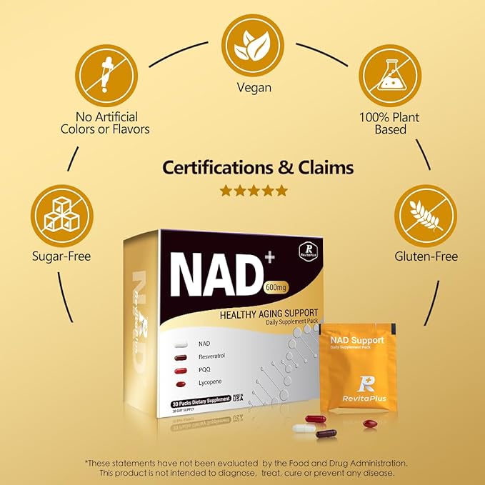 NAD Supplement with Resveratrol, PQQ,Ca-AKG,Nicotinamide,Green Tea, Advanced NAD+ Supplement Daily Pack Support Healthy Mitochondria,Healthy Aging and Cellular Energy for Women & Men 30 Packs