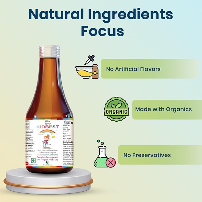 Kidbest Multivitamin Syrup for Kids 3-13 Years – Liquid Formula with 13 Nutrients for Appetite, Immunity, and Growth – Tasty Daily Vitamins for Stronger Kids | Toddler multivitamin for kids|200ml