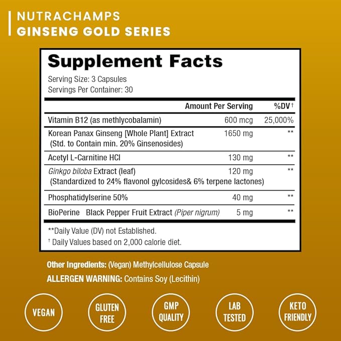 NutraChamps Korean Red Panax Ginseng Capsules | Extra Strength Ginsenosides for Energy, Focus, Performance, Vitality & Immune Support | Korean Red Ginseng Root Extract (90, Premium Gold)