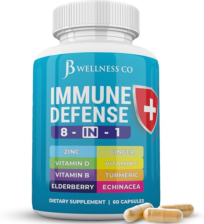 JB Wellness Co Immune Support 8 in 1 Capsules - Zinc Supplement, Vitamin D3, Vitamin C and Elderberry - Immune Booster Supplement with Echinacea, Ginger Root, and Turmeric