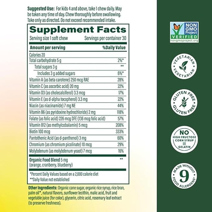 MegaFood Kids One Daily Multivitamin Soft Chews - Kids Vitamins with Vitamin B, Vitamin C, Vitamin D & Vitamin E - Age 4+, Vegetarian, Made Without 9 Food Allergens - Grape Flavor - 30 Chews