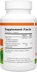 Wellness Resources B12 and Folate Supplement - Methyl B12 1000 & Methylated Folate for High Absorption, Gluten Free, Immune Support Supplement, B12 and Folate for MTHFR, 5-MTHF