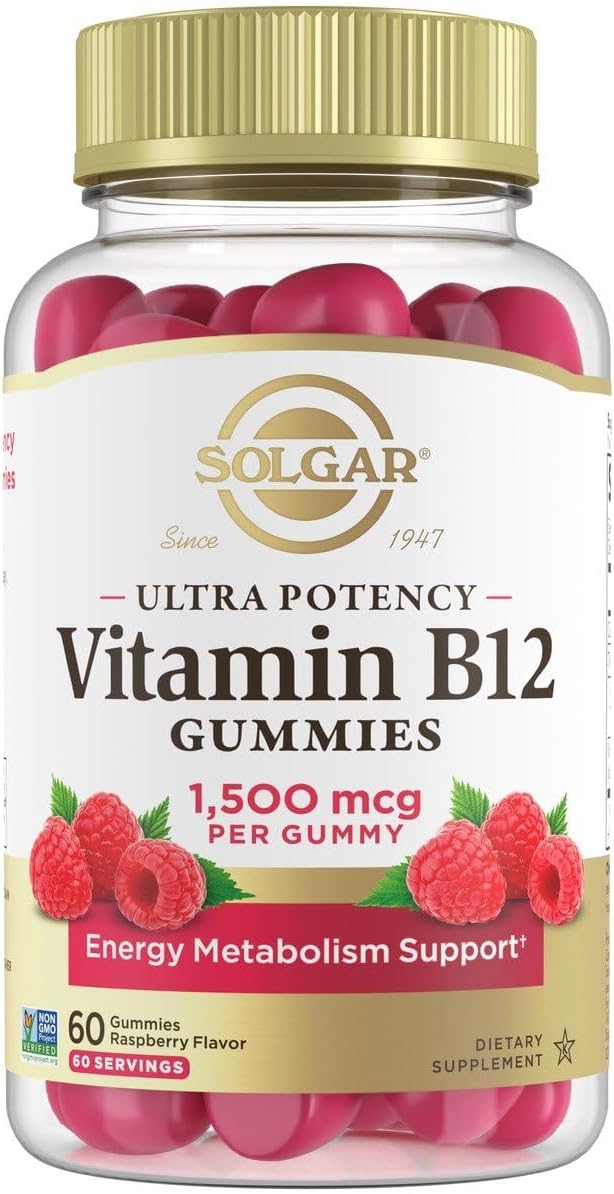 Solgar Methyl B12 Gummies for Adults 1,500mcg Ultra Potency Vitamin for Energy & Metabolism Support, Raspberry Flavor, Vegan & Gluten-Free Gummy for Women & Men, 2 Month Supply, 60 Servings, 2g Sugar