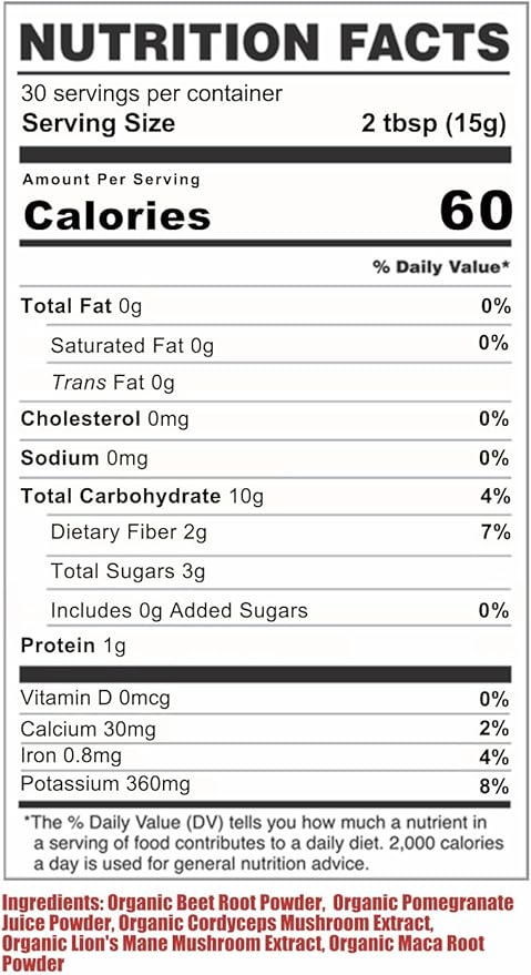 Cherie Sweet Heart Organic Beets & Mushroom 5 in 1, Beet Root Powder, Mushroom Powder Supplement, Beetroot with Pomegranate, Cordyceps, Lions Mane, Maca, USDA Organic, Gluten Free - 16 oz Pouch