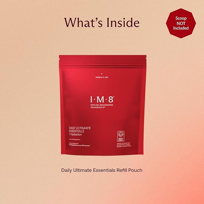 IM8 Daily Ultimate Essentials All-in-One Multivitamin Supplement Powder Bag, 92 Nutrient Rich Ingredients CoQ10, Probiotics, Vitamins, Greens, Gluten Free, Vegan, Acai Mixed Berry, 12.5oz, 30 Servings