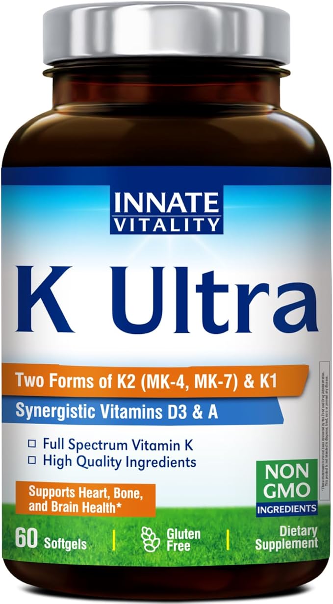 Innate Vitality K Ultra, K1 & K2 D3 Vitamin Supplement with Vitamin A, Vitamin D3 K2 5000 IU for Healthy Bones, Proper Calcium Metabolism, Full Spectrum, Non GMO, 60 Mini Softgels