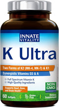 Innate Vitality K Ultra, K1 & K2 D3 Vitamin Supplement with Vitamin A, Vitamin D3 K2 5000 IU for Healthy Bones, Proper Calcium Metabolism, Full Spectrum, Non GMO, 60 Mini Softgels