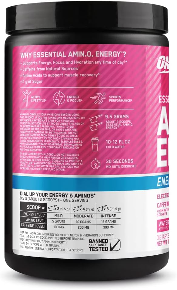 Optimum Nutrition Amino Energy Powder Plus Focus, with BCAA, Electrolytes, and Caffeine, Watermelon, 30 Servings (Packaging May Vary) (Pack of 6)
