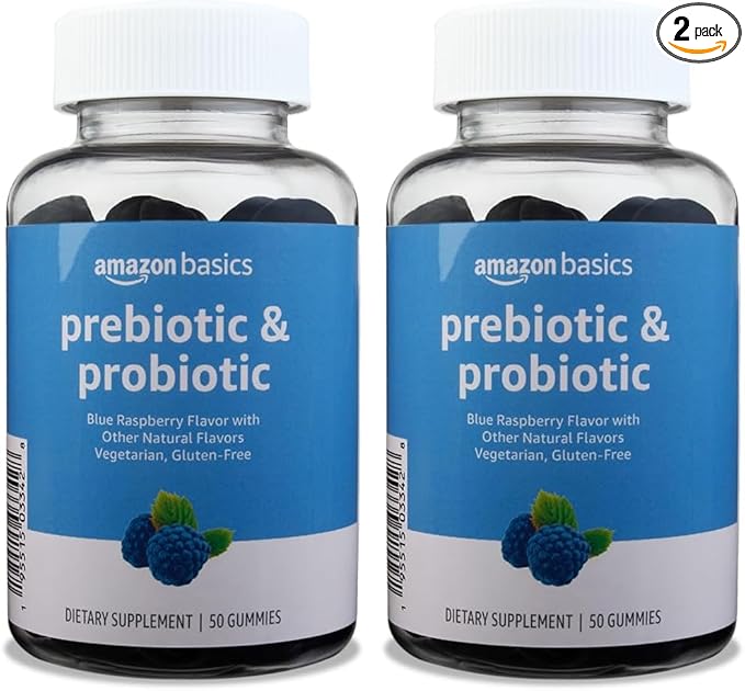Amazon Brand - Solimo Prebiotic & Probiotic Gummies, Two Billion CFU, Blue Raspberry, 50 Count (2 per Serving) (Pack of 2)