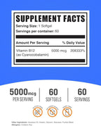 BulkSupplements.com Vitamin B12 5000 mcg Softgels - as Cyanocobalamin, Vitamin B12 Supplements, for Energy Support - Gluten Free, 1 Softgel per Serving, 60 Count (Pack of 1)