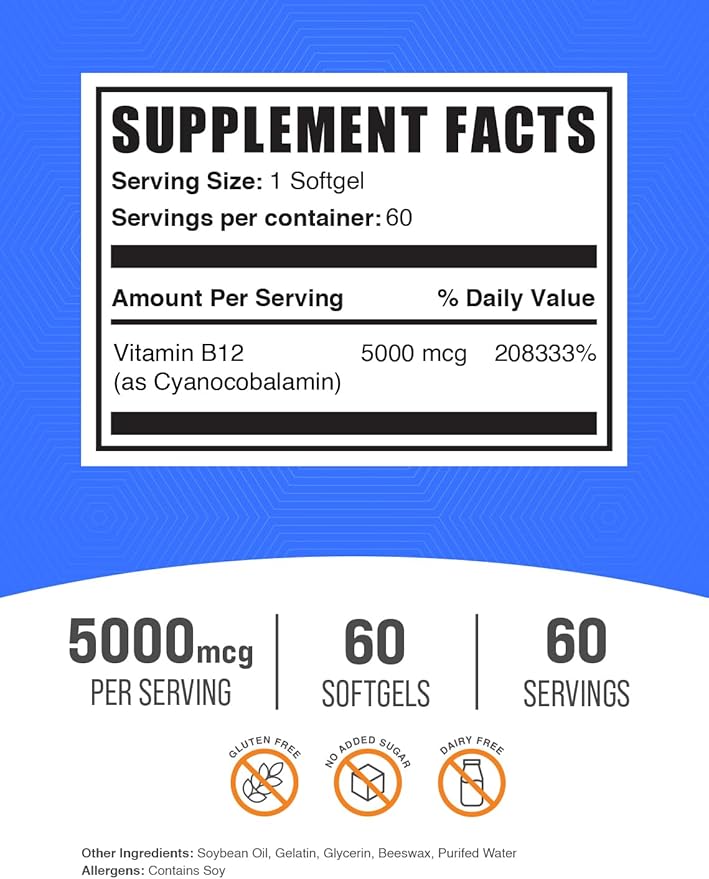 BulkSupplements.com Vitamin B12 5000 mcg Softgels - as Cyanocobalamin, Vitamin B12 Supplements, for Energy Support - Gluten Free, 1 Softgel per Serving, 60 Count (Pack of 1)