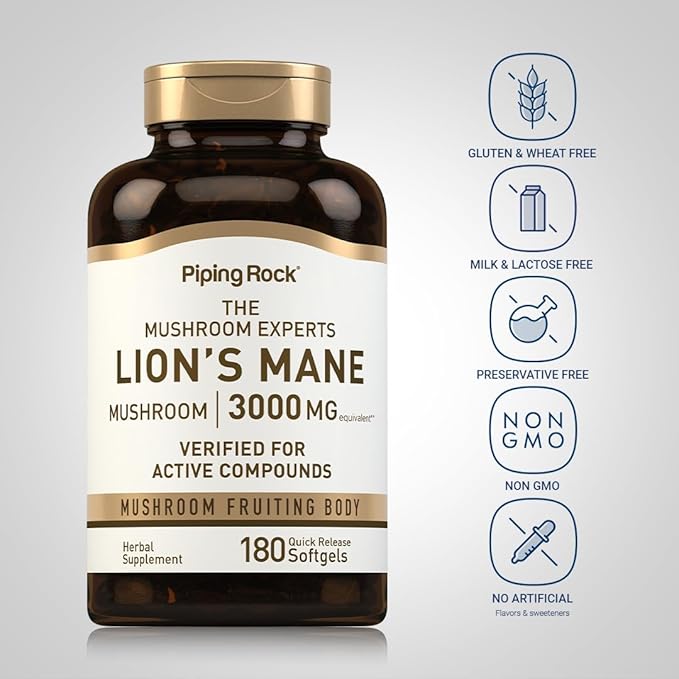 Piping Rock Lions Mane Supplement | 180 Softgel Capsules | Mushroom Fruiting Body Extract | Non-GMO, Gluten Free