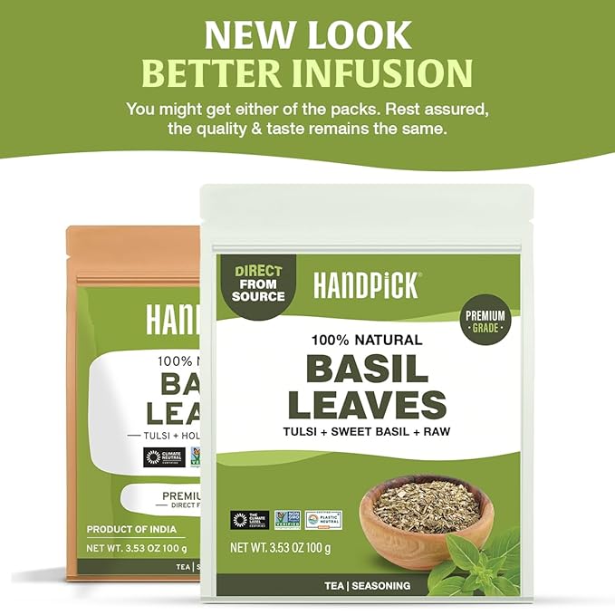 HANDPICK Dried Basil Leaves 40 Servings (100g/ 3.5oz) Non GMO, Gluten Free, 100% Raw Whole Tulsi Leaf, Sourced from India, Premium Quality, Packed in Resealable Ziplock Pouch