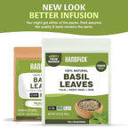 HANDPICK Dried Basil Leaves 40 Servings (100g/ 3.5oz) Non GMO, Gluten Free, 100% Raw Whole Tulsi Leaf, Sourced from India, Premium Quality, Packed in Resealable Ziplock Pouch