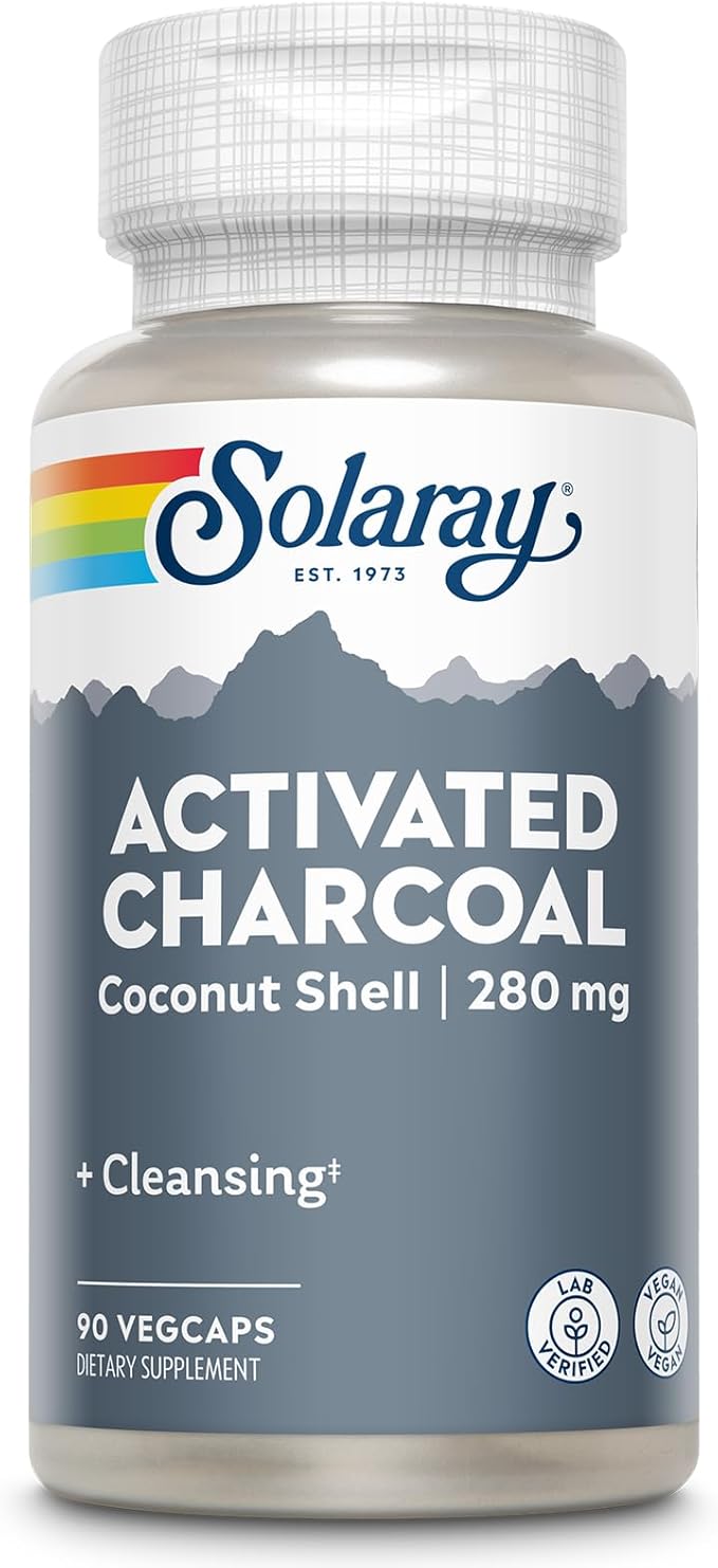 SOLARAY Activated Charcoal Supplement - 280mg per Serving, Coconut Source, for Men & Women, Inner Cleansing & Digestive Tract Support for Adults, Non-GMO, Vegan, & Lab Verified - 90 Count VegCaps
