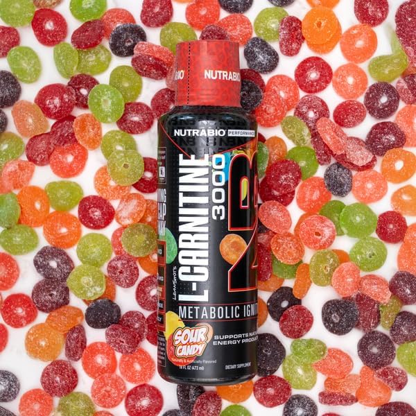 NutraBio L-Carnitine Liquid Shots 3000mg (Sour Candy) 10mg of Vitamin B-5 Zero Carbs & Sugars Energy Production Muscle Recovery