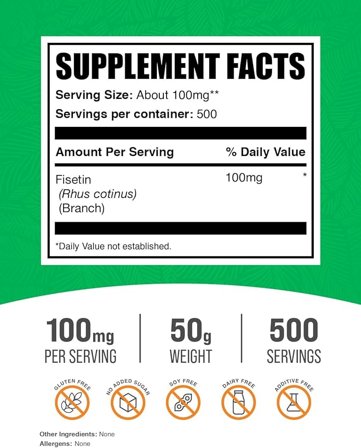 BulkSupplements.com Fisetin Powder - Nutritional Supplement, Fisetin 100mg, Antioxidants Source - Pure & Gluten Free, 100mg per Serving, 50g (1.8 oz) (Pack of 1)