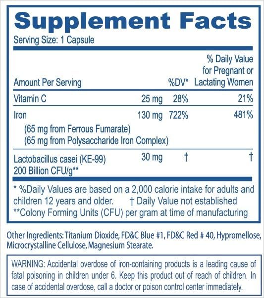 Fusion Iron Supplement - 65 mg Ferrous Fumarate - 65 mg Polysaccharide Iron Complex Boosted by Patented Probiotics and Vitamin C