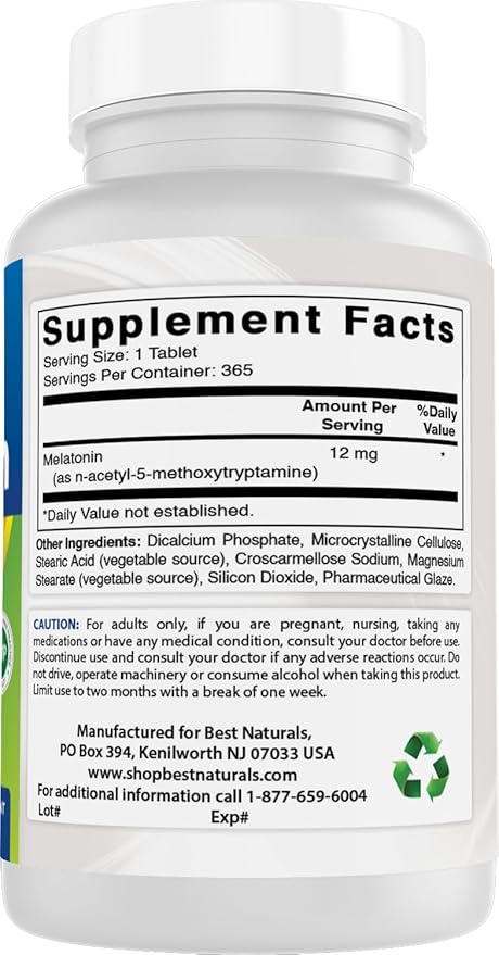 Best Naturals Melatonin 12 mg (1 Year Supply) - Drug-Free Nighttime Sleep Aid - Melatonin for Sleep and Relaxation, 365 Count (365 Count (Pack of 1))