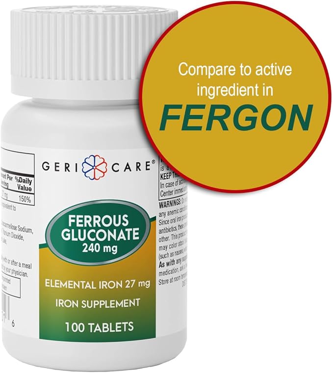 Gericare Ferrous Gluconate 27mg Iron Tablets, Gentle Daily Iron Supplement to Support Healthy Iron Levels & Natural Energy, Easy-to-Digest Formula, 100 Count (Pack of 1)