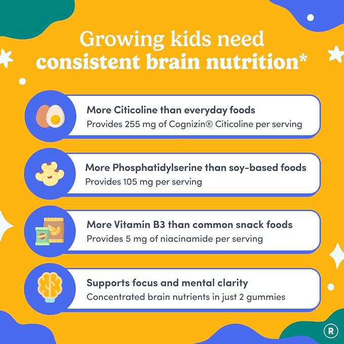 FIRST DAY Kids Focus & Brain Supplement Gummies Ages 4+ | Attention & Calm Support with Cognizin® Citicoline & Phosphatidylserine | Organic, Vegan | 30-Day Supply