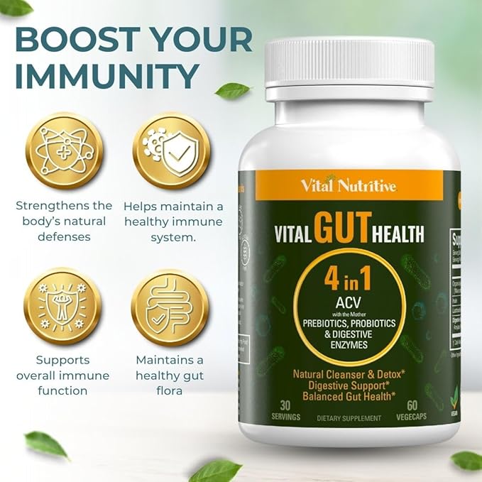 Vital Gut Health 4in1 Formula with Apple Cider Vinegar, Prebiotics & Probiotics, Digestive Enzymes for Strong Immunity Support and Complete Gut and Digestion Support- 60 Days Supply