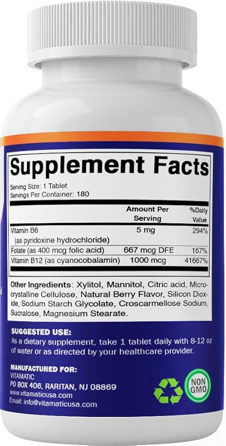 Vitamatic Folic Acid, Vitamin B12 & B6 – 180 Fast Dissolve Tablets Heart Health, Energy Production & Red Blood Cell Support (Pack of 2)