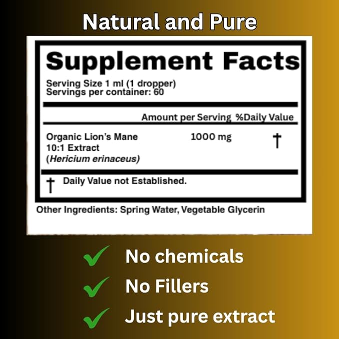 Lion’s Mane Mushroom Liquid Extract, High Potency, Alcohol Free, 60 Daily Doses for Brain Health