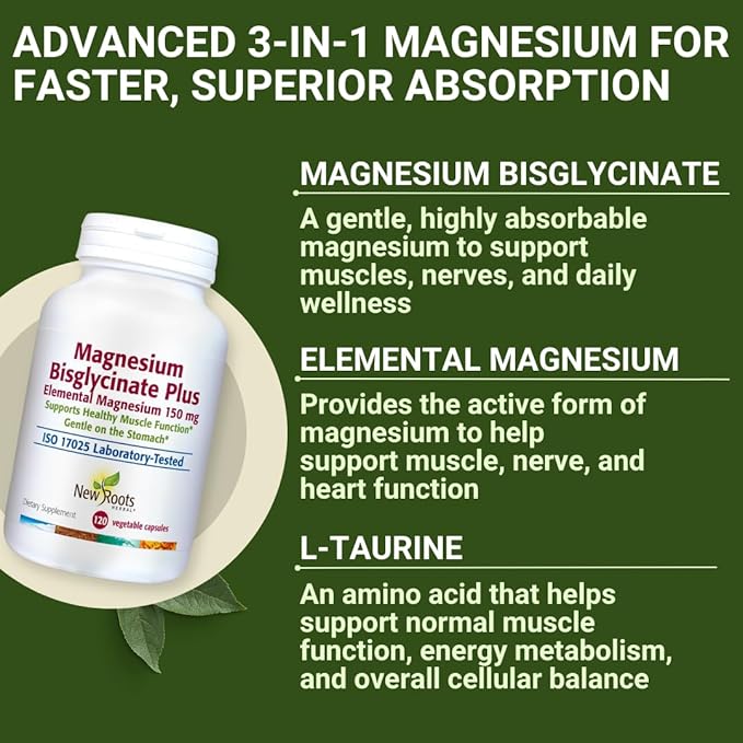 New Roots Herbal Magnesium Bisglycinate Plus, 120 Veggie Capsules 60-Day Supply - 150mg Elemental Magnesium, Supports Active Living, Non-GMO, Gluten-Free, Gentle on Digestion with Superior Absorption