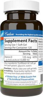 Carlson - Vitamin D3 5000 IU (125 mcg), Bone Health, Muscle Health, Cholecalciferol, Vitamin D Supplements, Vitamin D3 Soft Gels, 120 Softgels