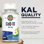 KAL CoQ10 30mg, Antioxidant Formula, CoEnzyme Q10 Supplement for Heart Health and Cellular Energy Support, Fast-Dissolving ActivMelts, Vegetarian, Natural Green Apple Flavor, 90 Serv, 90 Micro Tablets
