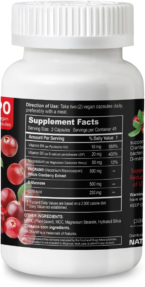 Cranberry Premium - Urinary Tract Support with PACRAN Cranberry Extract & D-Mannose, 500mg - 90 Vegan Capsules, 45 Day Supply