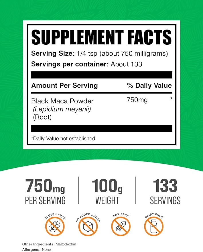 BulkSupplements.com Black Maca Powder - Black Maca Root Supplement, Herbal Supplement for Men & Women - Vegan, Gluten Free, 750mg per Serving, 100g (3.5 oz) (Pack of 1)