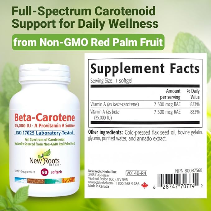 NEW ROOTS HERBAL Beta-Carotene 25,000 IU Supplements | Vitamin A (90 Softgels) | Full Spectrum of Carotenoids | Naturally Sourced from Non-GMO Red Palm Fruit + Organic Flax Seed Oil