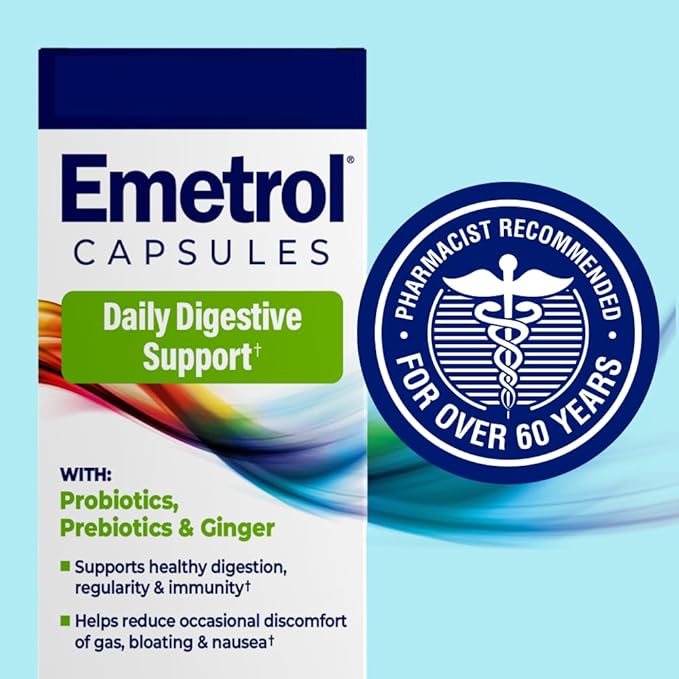 Emetrol Daily Digestive Support Capsules – Probiotic Prebiotic & Ginger Supplement for Gut Health, Bloating, Gas & Nausea Support – #1 Pharmacist Recommended Brand – 30 Capsules