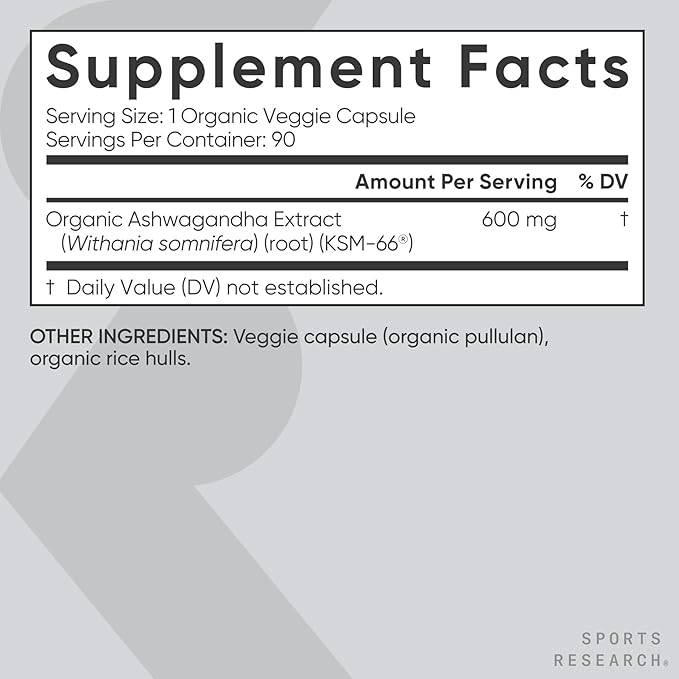 Sports Research® Organic Ashwagandha – Adaptogen for Relaxation, Calm & Sleep Support – Made with Organic KSM-66® – 600 mg – Non-GMO Verified, Gluten-Free, Certified Vegan – 90 Veggie Capsules