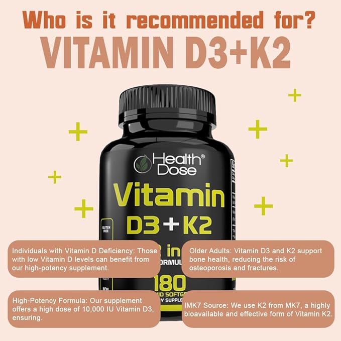 Health Dose Vitamin D3 10,000 IU + K2 (MK7) Supplement, 2-in-1 Formula, Immune Support, a Healthy Mood, Heart, Joint, Teeth, Bone Health, Calcium Absorption, 180 softgels. (1)