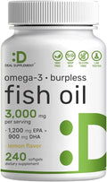 DEAL SUPPLEMENT Omega 3 Fish Oil Supplements, 3,000mg Per Serving, 240 Softgels – EPA 1,200mg + DHA 900mg – Burpless Pills, Lemon Flavored, Wild Caught – Brain & Heart Support – Mercury Free, Non-GMO