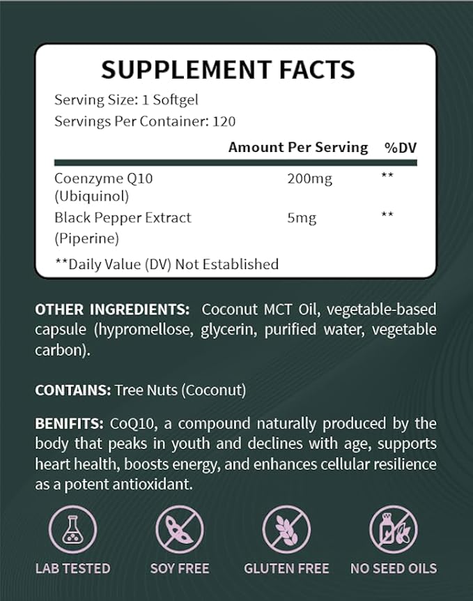 Ubiquinol CoQ10 200mg - High Absorption with Black Pepper Extract & Coconut MCT Oil - 120 Softgels, Lab-Tested, No Seed Oils, Non-GMO - Heart and Energy Support