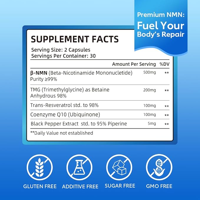 NMN Capsules 250mg with 5-in-1 NAD+ Precursor Complex | Supplement with NMN, Resveratrol, TMG & CoQ10 | Supports NAD Levels, DNA Maintenance & Anti-Aging |Non-GMO, 60 Capsules