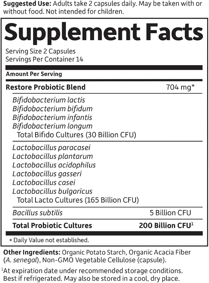 Garden of Life Dr. Formulated Probiotics Platinum Series Restore 200 Billion CFU Guaranteed, High Potency Probiotic Formula, Vegan, Non-GMO, Gluten Dairy Free Digestive Immune Support, 28 Capsules