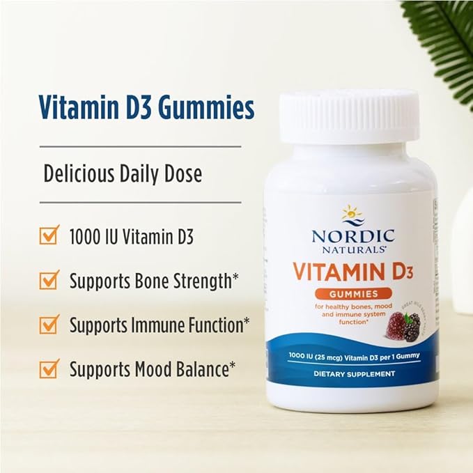Nordic Naturals Vitamin D3 Gummies, Wild Berry - 120 Gummies - 1000 IU Vitamin D3, 1.4 mg Iron - Great Taste - Healthy Bones, Mood & Immune System Function - Non-GMO - 120 Servings