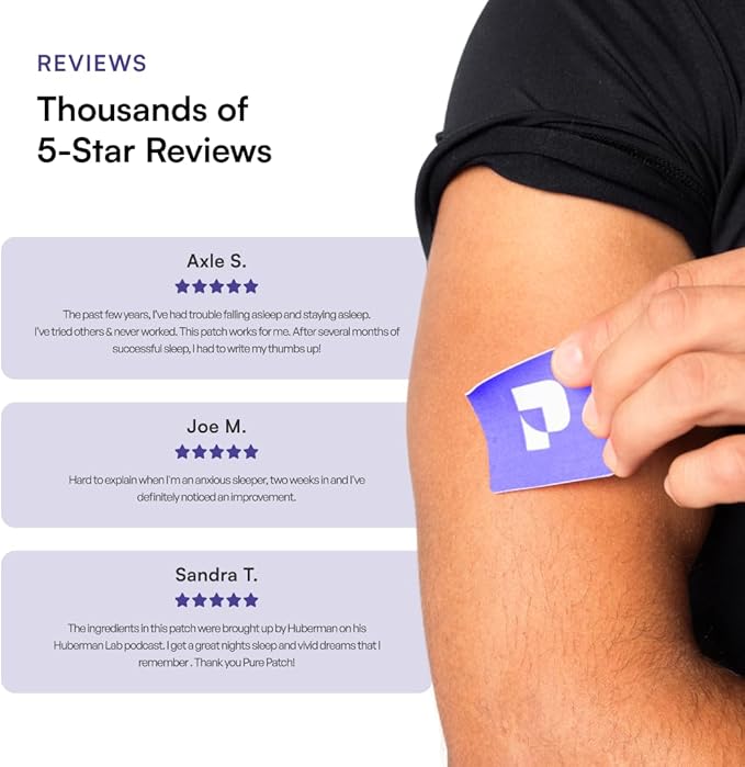 Pure Patch Sleep Patch – Plant-Based Vegan Topical Patch – Magnesium Glycinate – GABA – L-Theanine – Apigenin – Non-Ingestible – Water-Resistant – Gentle on Skin – Gluten Free – Made in USA –30Patches
