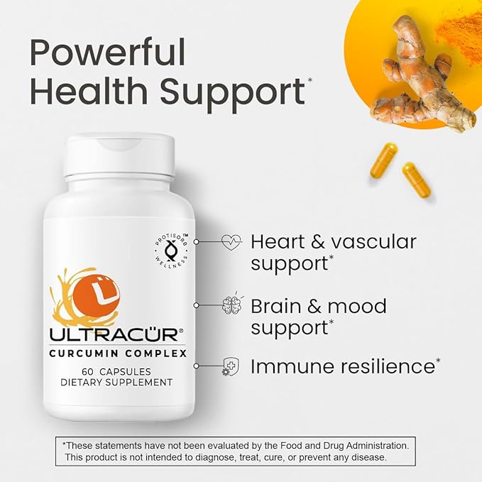 Ultracur Curcumin Complex Supplement - Ultra Bioavailable High Absorption Turmeric Curcumin Supplement for Joint, Muscle & Brain Support - Patented Protisorb for Premium Absorption – 60 Capsules